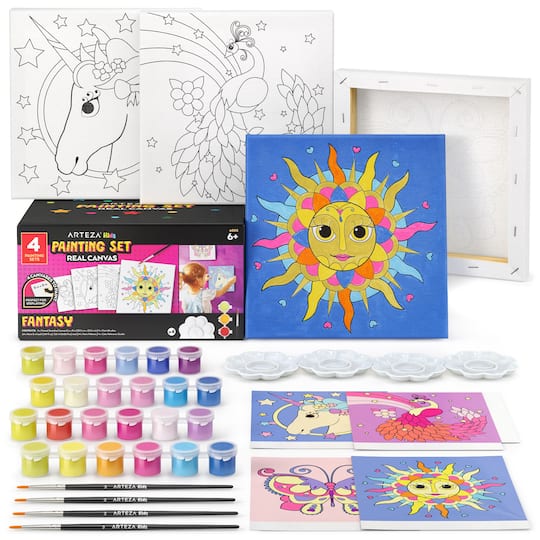 Arteza® Kids Canvas Paint Kit, 4 8x8 Canvas with Brushes & Paints Fantasy